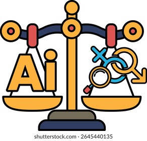 A scale with the letters AI on one side and a magnifying glass on the other. The scale is balanced, but the magnifying glass is tilted
