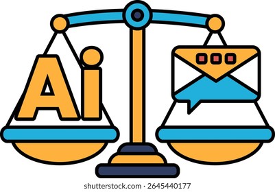 Uma balança com as letras AI de um lado e um envelope do outro. A escala é equilibrada, mas o envelope é mais pesado