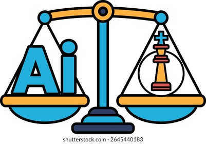 A scale with the letters AI on one side and a chess piece on the other. The scale is balanced, but the chess piece is on the right side, which suggests that AI is more powerful or dominant