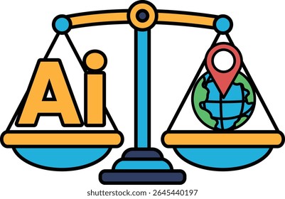 A scale with the letters AI on one side and a globe on the other. The scale is balanced, with the globe on the right side and the letters AI on the left