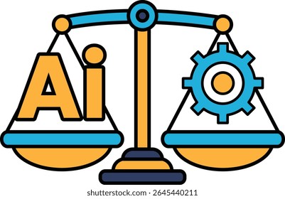 A scale with the letters AI on one side and a gear on the other. Concept of balance and harmony between technology and nature