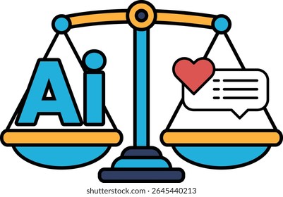 A scale with the letters AI on one side and a heart on the other. The scale is balanced, with the heart on the right side and the letters AI on the left