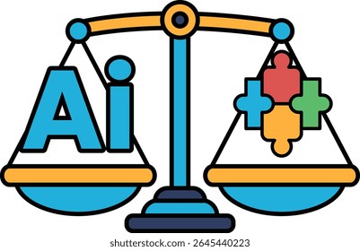 A scale with the letters AI on one side and a puzzle on the other. The puzzle is made up of different colored pieces, and the scale is balanced