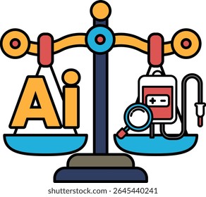 A scale with the letters AI on one side and a magnifying glass on the other. The scale is balanced, but the magnifying glass is tilted