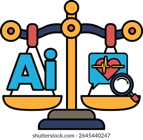 A scale with the letters AI on one side and a heart on the other. The scale is tilted towards the heart