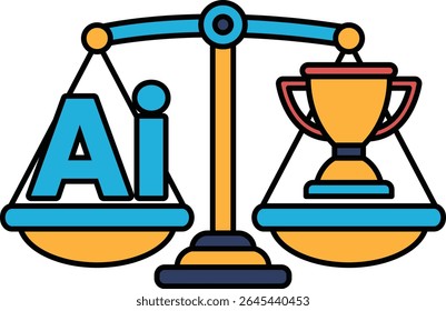 A scale with the letters AI on one side and a trophy on the other. The scale is balanced, with the trophy on the right side and the letters AI on the left. Concept of balance and achievement