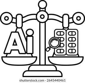 A scale with the letters AI on one side and a magnifying glass on the other. The scale is balanced, but the magnifying glass is tilted