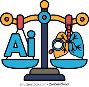 A scale with the letters AI on one side and a lung on the other. The scale is balanced, with the lung on the right side and the letters AI on the left