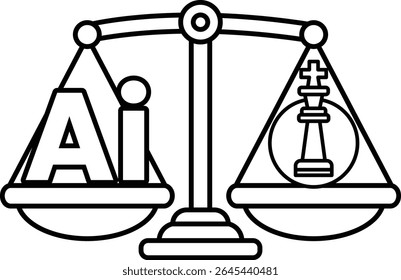 A scale with the letters AI on one side and a chess piece on the other. The scale is balanced, but the chess piece is on the right side, which suggests that AI is more powerful or dominant