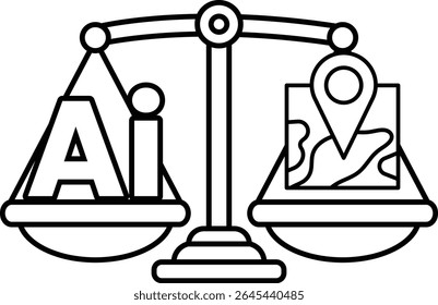 Uma escala com as letras AI de um lado e um mapa de outro. As letras AI representam inteligência artificial