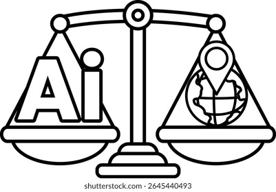 A scale with the letters AI on one side and a globe on the other. The scale is balanced, with the globe on the right side and the letters AI on the left