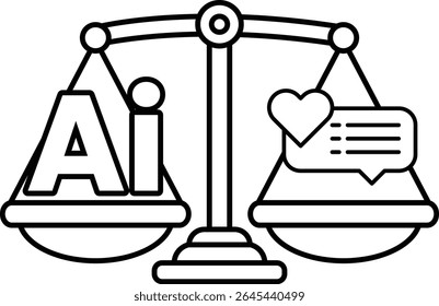 A scale with the letters AI on one side and a heart on the other. The scale is balanced, with the heart on the right side and the letters AI on the left