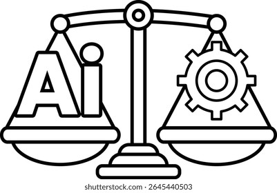 A scale with the letters AI on one side and a gear on the other. Concept of balance and harmony between technology and nature
