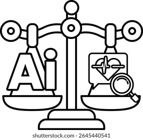 A scale with the letters AI on one side and a heart on the other. The scale is tilted towards the heart