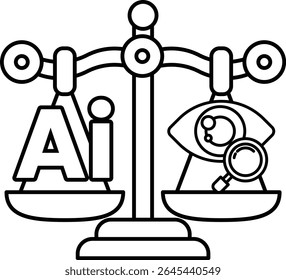 A scale with the letters AI on one side and an eye on the other. The scale is balanced, with the eye on the right and the letters AI on the left