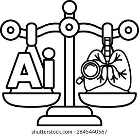 A scale with the letters AI on one side and a lung on the other. The scale is balanced, with the lung on the right side and the letters AI on the left