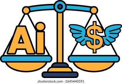 A scale with the letters AI on one side and a dollar sign on the other. The scale is balanced, with the dollar sign on the right and the letters AI on the left