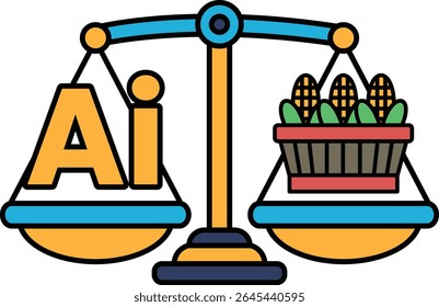 A scale with the letters AI on one side and a basket of corn on the other. The scale is balanced, but the corn basket is heavier