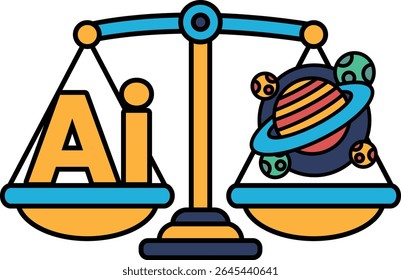 A scale with the letters AI on one side and a planet on the other. The scale is balanced, with the planet on the right side and the letters on the left