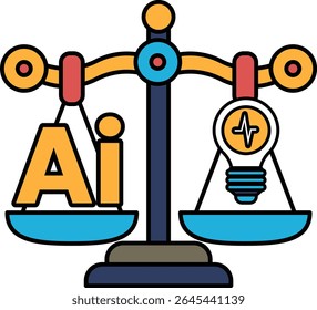 A scale with the letters AI on one side and a light bulb on the other. The scale is balanced, with the letters AI on the left and the light bulb on the right