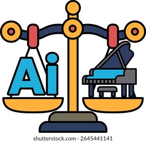 A scale with the letters AI on one side and a piano on the other. The scale is balanced, with the piano on the right and the letters AI on the left. Concept of balance and harmony between technology