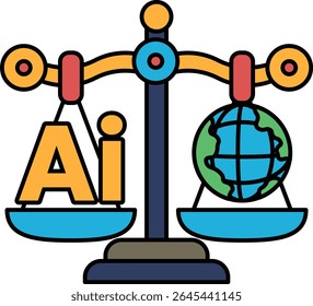 A scale with the letters AI on one side and a globe on the other. The scale is balanced, but the globe is slightly heavier