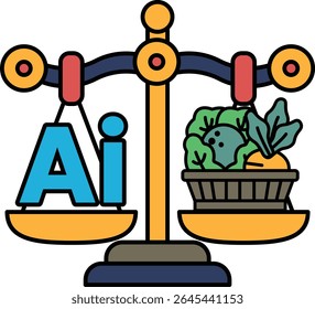 A scale with the letters AI on one side and a basket of vegetables on the other. The scale is balanced, but the basket of vegetables is heavier