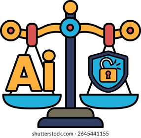 A scale with the letters AI on one side and a lock on the other. The scale is balanced, but the lock is open