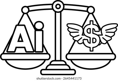 A scale with the letters AI on one side and a dollar sign on the other. The scale is balanced, with the dollar sign on the right and the letters AI on the left