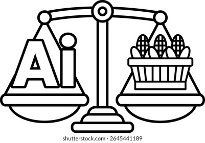 A scale with the letters AI on one side and a basket of corn on the other. The scale is balanced, but the corn basket is heavier