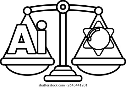A scale with the letters AI on one side and a star on the other. The scale is balanced, with the letters AI on the left and the star on the right