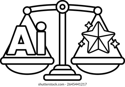 A scale with the letters AI on one side and a star on the other. The scale is balanced, with the letters AI on the left and the star on the right. Concept of balance and harmony