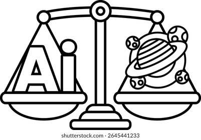 A scale with the letters AI on one side and a planet on the other. The scale is balanced, with the planet on the right side and the letters on the left