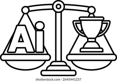 A scale with the letters AI on one side and a trophy on the other. The scale is balanced, with the trophy on the right side and the letters AI on the left. Concept of balance and achievement