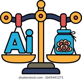 A scale with the letters AI on one side and a jar of hearts on the other. The jar of hearts represents love and the scale represents balance