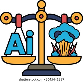 A scale with the letters AI on one side and a cloud of smoke on the other. The scale is balanced, but the cloud of smoke is on the right side
