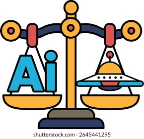 Uma escala com as letras AI de um lado e um alien do outro. A escala é equilibrada, mas o alienígena parece ser mais pesado do que as letras AI