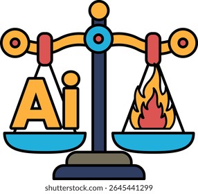 A scale with the letters AI on one side and fire on the other. The scale is balanced, but the fire on the right side is larger than the letters on the left side