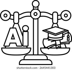 A scale with the letters AI on one side and a graduation cap on the other. The image represents the idea of balance and the importance of education