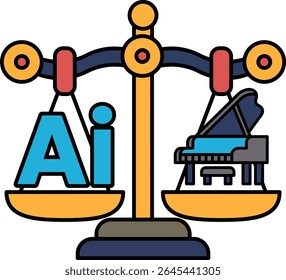Eine Skala mit den Buchstaben AI auf der einen und einem Klavier auf der anderen Seite. Die Tonleiter ist ausgewogen, das Klavier rechts und die Buchstaben AI links