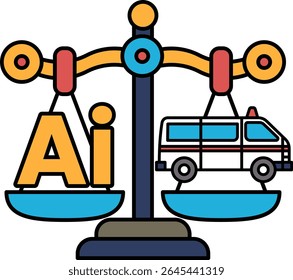 A scale with the letters AI on one side and a van on the other. The scale is balanced, but the van is heavier than the letters