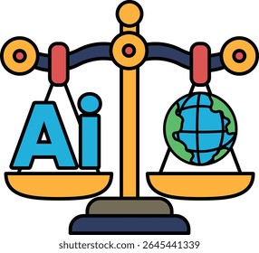 A scale with the letters AI on one side and a globe on the other. The scale is balanced, but the globe is slightly heavier