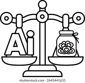 Eine Skala mit den Buchstaben AI auf der einen Seite und einem Glas Herz auf der anderen. Das Glas der Herzen steht für Liebe und die Waage für Ausgeglichenheit