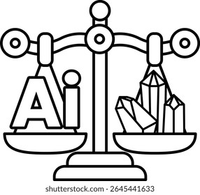 Eine Skala mit den Buchstaben AI auf der einen Seite und Kristallen auf der anderen. Die Skala ist ausgeglichen, aber die Kristalle sind schwerer als die Buchstaben