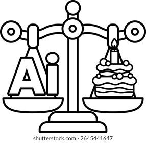 A scale with the letters AI on one side and a cake on the other. The cake is decorated with cherries