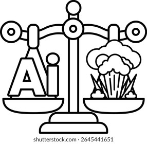 A scale with the letters AI on one side and a cloud of smoke on the other. The scale is balanced, but the cloud of smoke is on the right side