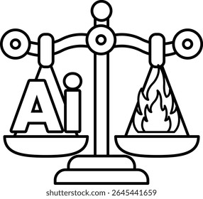 A scale with the letters AI on one side and fire on the other. The scale is balanced, but the fire on the right side is larger than the letters on the left side