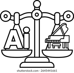 A scale with the letters AI on one side and a piano on the other. The scale is balanced, with the piano on the right and the letters AI on the left