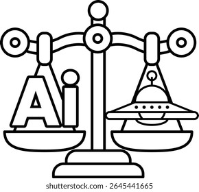 Uma escala com as letras AI de um lado e um alien do outro. A escala é equilibrada, mas o alienígena parece ser mais pesado do que as letras AI