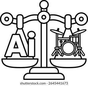 A scale with the letters AI on one side and a drum set on the other. The scale is balanced, but the drum set appears to be heavier than the letters AI